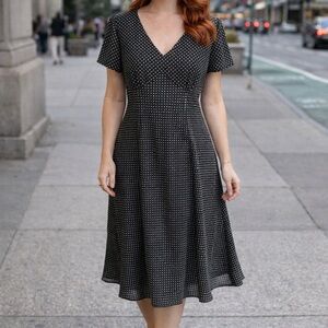 Ann Taylor Black Midi Dress with White Polka Dots